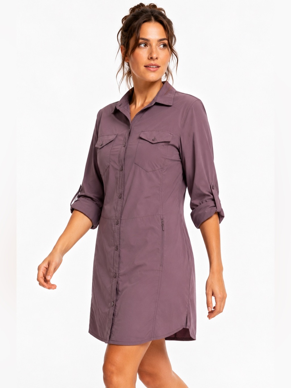 Duluth Trading Co Purple Nylon Blend Utility Shirt Dress Large Hiking Travel EUC